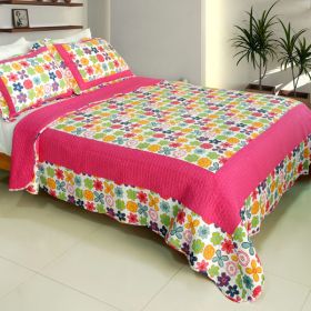 [Simple Happiness] 100% Cotton 3PC Vermicelli-Quilted Patchwork Quilt Set (Full/Queen Size)